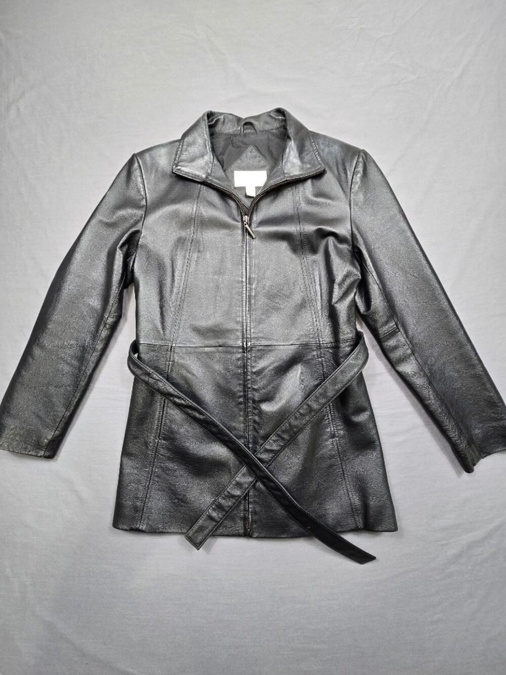 Worthington Womens Small Genuine Leather Jacket Black Zip Belted Coat